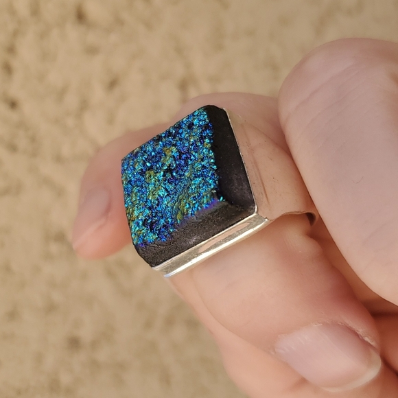 New Men's Titanium Blue Druzy 925 Silver Ring. - Picture 15 of 16